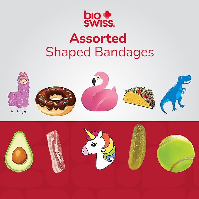 BioSwiss Bandages, Assorted Animal, Fun, and Food Shaped Self Adhesive Bandage Set, Latex Free, Sterile Wound Care, 300 Count