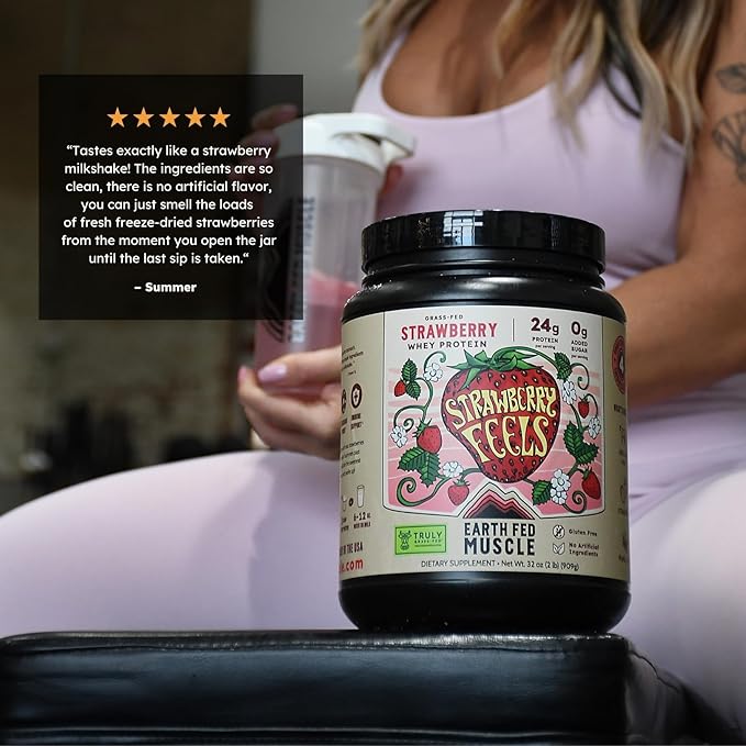 Earth Fed Muscle Strawberry?츴eels??Forever) ??Irish Truly Grass?멑ed Whey Protein Isolate, No Sugar, Soy?멑ree, Gluten?멑ree (2 lb, 29 Servings, Strawberry)