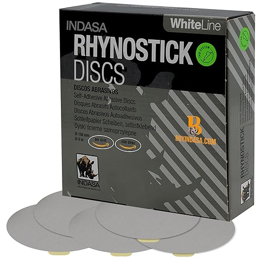 Indasa 6" 100 PCS PSA Sanding Discs ??Rhynostick 80 Grit / 100 Discs ??Self-Adhesive Sticky-Back Sandpaper for DA Sander, Automotive, Wood, Metal, Paint, Whiteline