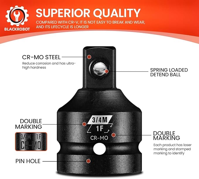 1?쒯 To 3/4?쒶 Impact Socket Adapter, Cr-Mo Steel Exceeds ANSI Standards, Square Drive Reducer for Impact Driver Wrench
