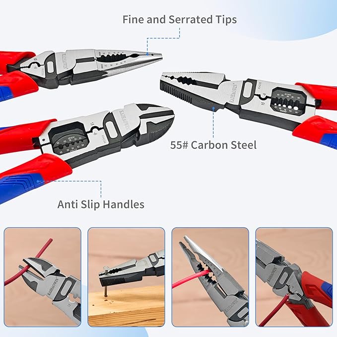 KAIHAOWIN 6-Piece Tool Set with Case, 8.8??Long Nose, 8.8??Linesman, 8??Diagonal, 6??Adjustable Wrench, 5??Needle Nose, 5" Flush Cutter for Repairing & Home Use