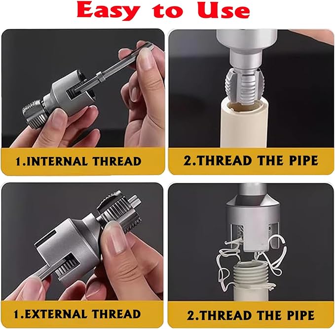 Pipe Threading Tool Kit with Internal & External Threader, 1/2"+ 3/4" Pipe Sizes,Pipe Thread Cutting Tool, Electric Drill Compatible PVC Pipe Threader Kit, Pipe Sizes Rethreading Tool