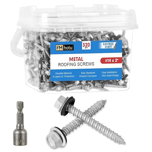 Metal Roofing Screws #14×2Inch, 500-PCS, Hex Head Rustpert Coating Sheet Metal to Wood Siding Screw with EPDM Rubber Washer, Sharp Point, Hex Socket Included
