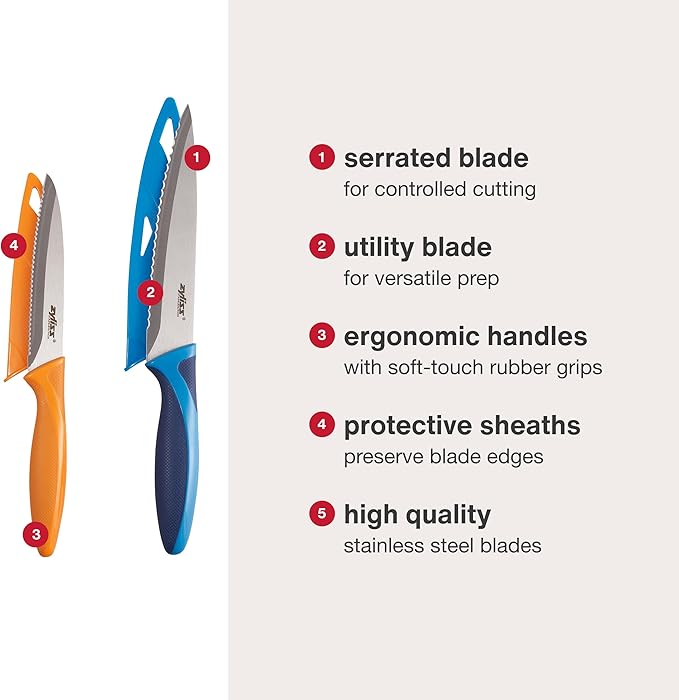 Zyliss Utility Kitchen Knives with Sheath Covers - Dishwasher Safe - Stainless Steel Kitchen Knives Perfect for Cutting Meat, Vegetables & Fruit - 2 Piece Serrated Utility Set