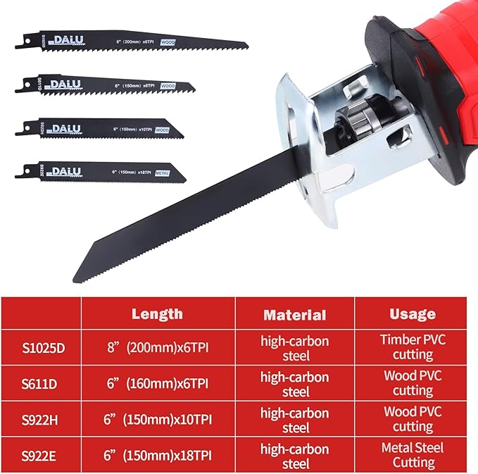 Cordless Reciprocating Saw | 21V 2000mAh * 2 Batteries, 3000RPM, 28mm Stroke Length, 4 Blades | Electric Power Reciprocating Saw for Wood Cutting