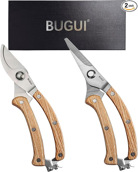 BUGUI 8??Wood Handle Garden Scissors, Set of 2, Includes Bypass Pruning Shears and Long Straight Tip Clippers, Premium Gardening Tools with Precision-Ground SK-5 Steel Blade