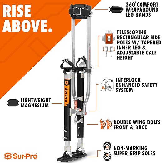 SurPro Double-Sided Drywall Stilts, Magnesium Base, 26??- 40??Height, QuadLock Contractor-Grade Stilts (S2-M-2640) for Drywallers, Painters, Ceiling Work, Stilts Drywall