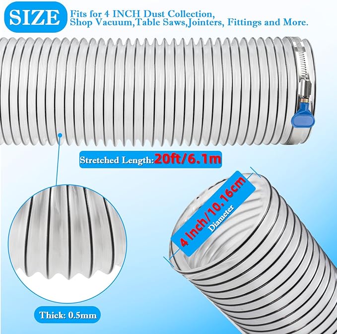 4" x 20' PVC Dust Collection Hose,4 Inch Dust Collector Vacuum Hose for Woodworking Dust Collection Systems,Dust Collection Tube Flexible Clear PVC Fume Debris Collection Hose w/Carbon Steel Wire