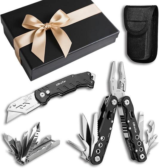 UltraTac Military Grade Multitool Gift Set for Men, Compact Survival Kit for Car Emergency, New Year or Birthday Gift for Man, Pocket EDC Tools for Camping, Hiking & Quick Fixes - Stainless Steel