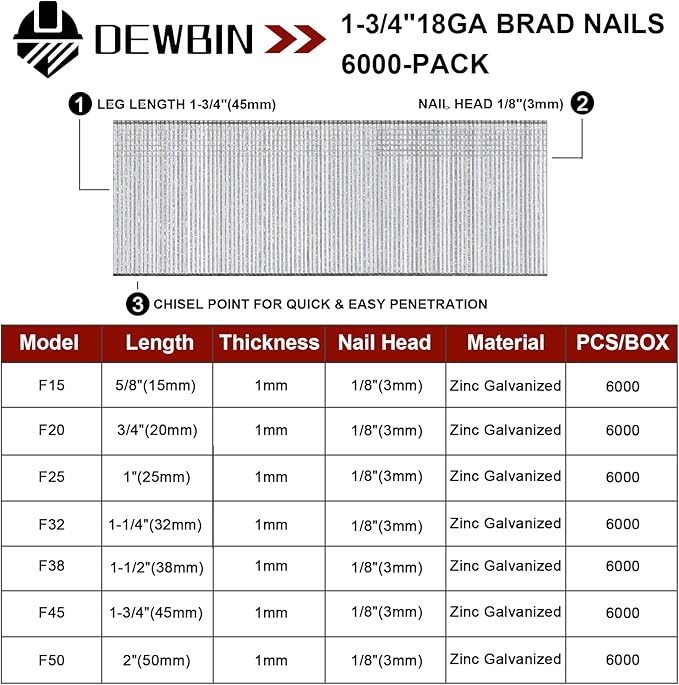 18 Gauge Brad Nails, 6000 Counts 1-3/4-inch 18 GA Brad Nails, Galvanized Nails for Nail Gun, Finishing Nail Gun Nails for Pneumatic, Electric Brad Nailer Gun