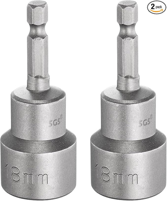 HARFINGTON 2pcs Nut Driver Drill Bit 18mm Metric Socket 1/4" Hex Shank 2.56" (65mm) Long Magnetic 6-Point Sockets Quick Change CR-V Steel Bolt Setters for Power Drill Drivers