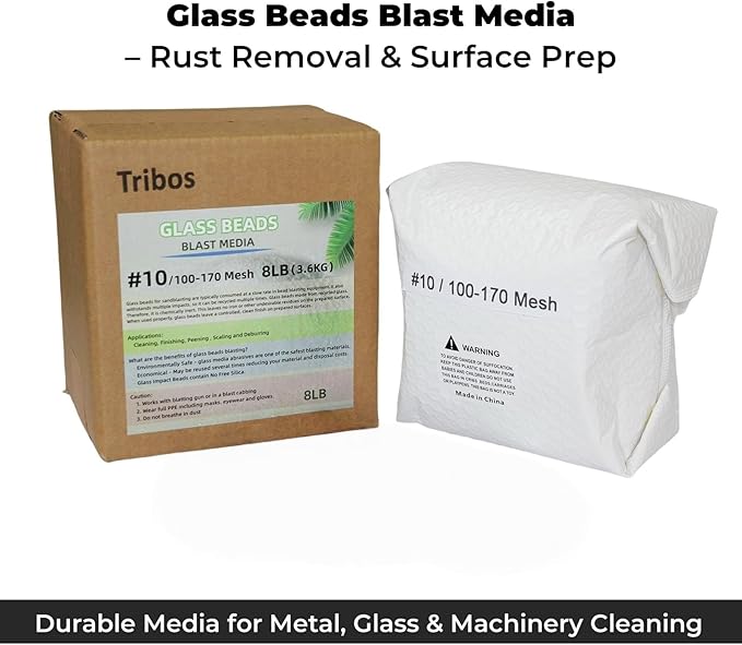 Glass Bead Media for Sandblasting ??8LB Non-Silica Reusable Blasting Abrasive for Rust Removal & Surface Finishing ??Multiple Mesh Options (# 10 (100~170Mesh))
