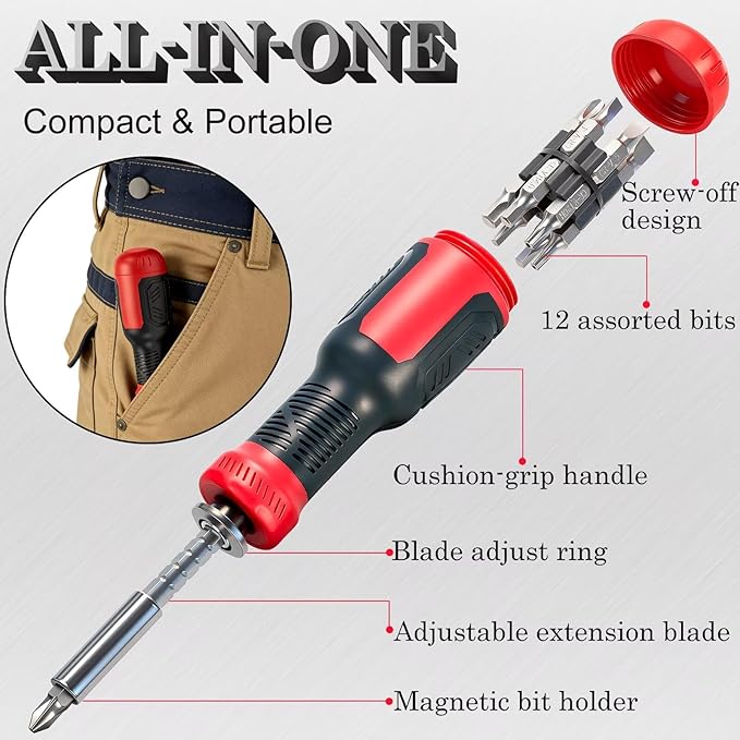 Multiuse Screwdriver 13-in-1 with Adjustable Shaft, All in One Screwdriver Set with Phillips, Flathead, Hex, Torx Security, Robertson/Square and 1/4 Nut Driver/Bit Holder