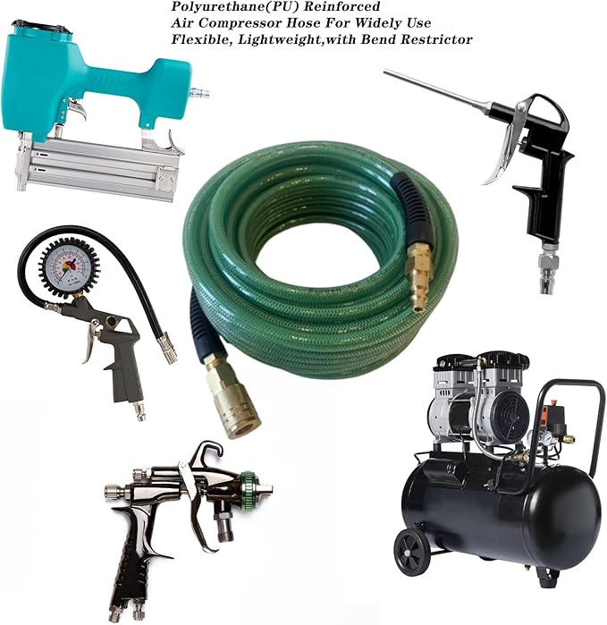 Air Hose 1/4 in x 100 ft, Polyurethane(PU), Reinforced Air Compressor Hose, Lightweight, Kink Resistant with 1/4??Industrial High Flow Quick Coupler and Plug, Bend Restrictors,300 PSI (100FT, Green)