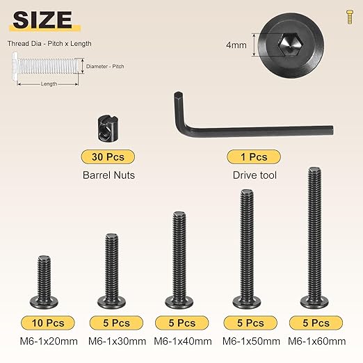 METALLIXITY Furniture Crib Screws Replacement Set with Wrench(M6-1x20/30/40/50/60mm) 60Pcs, Connector Bolt M6 Screw Barrel Nuts Binding Screws, for Chair Cabinet Bed, Black