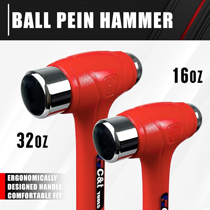 C&T 5-Piece Hammer Set, 16oz Ball Peen Hammer | 32oz Ball Peen Hammer | 32oz Rubber Mallet | 3lb Sledge Hammer | 3lb Cross Peen, Fiberglass Handle & Mallet Set