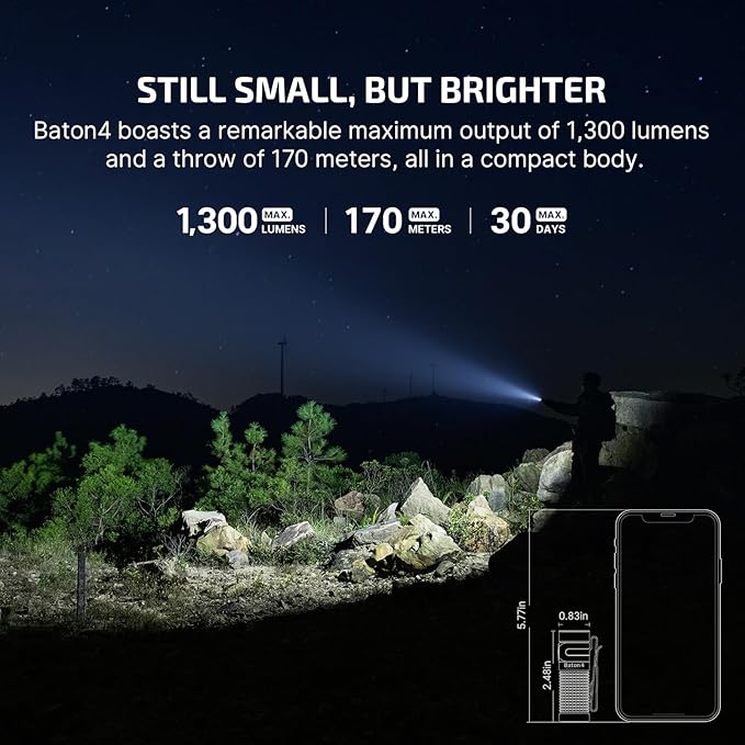 OLIGHT Baton4 Rechargeable EDC Flashlight, LED Pocket Light 1300 Lumens with Magnetic Charging Cable, 6 Modes, IPX8 Waterproof Powerful Bright Flashlight for Home, Camping and Emergencies (OD Green)