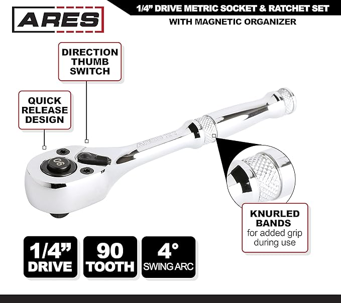 ARES 47003-28-Piece 1/4-inch Drive Metric Socket and 90-Tooth Ratchet Set with Magnetic Organizer - Sizes 4mm to 14mm Deep and Shallow Sockets