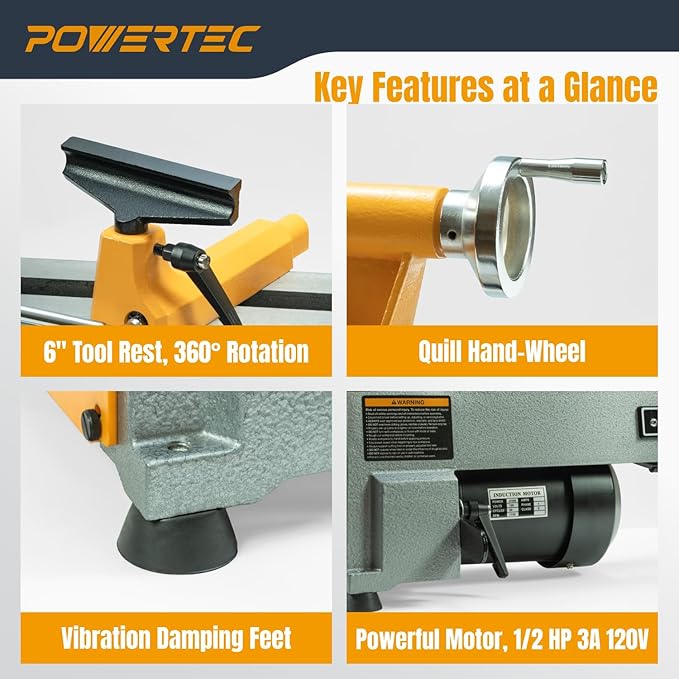 POWERTEC 10" x 18" Benchtop Mini Wood Lathe ??1/2HP, 5-Speed Cast Iron Lathe with MT2 Taper for Turning Pens, Bowls, Spindles, and DIY Wood Projects (LT1018)
