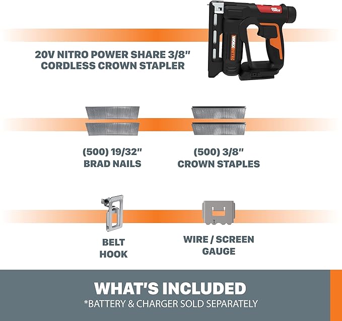 Worx Nitro 20V Power Share 3/8??Cordless Crown Stapler with Air Impact Technology - WX843L.9 (Tool Only)