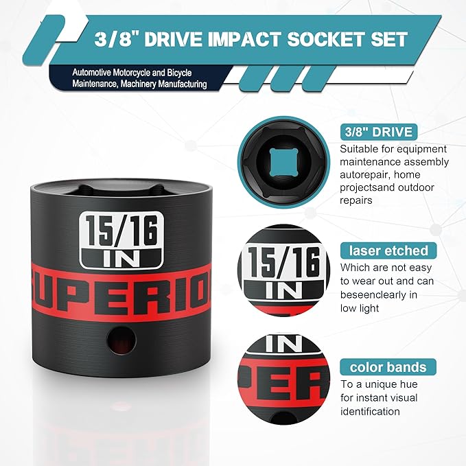 12 Piece 3/8" Drive Impact Socket Set, 5/16??to 1??Shallow Socket, SAE, 6 Point, CR-V, Automotive Motorcycle and Bicycle Maintenance, Machinery Manufacturing