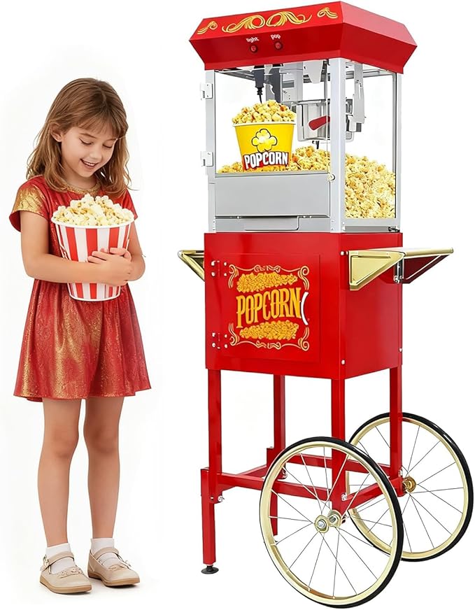 8 Oz Popcorn Machine Cart, 650 W, Popcorn Maker Machine with Stainless-Steel Kettle, Movie Theater Popcorn Machine with Steel Frame Tempered Glass Doors & Heated Warming Deck, Red