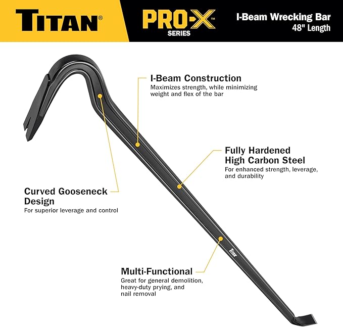 Titan Pro-X 63802 48-Inch I-Beam Wrecking Bar with Curved Gooseneck Design, Fully Hardened High Carbon Steel Construction, Angled Chisel End, Flat Striking Target