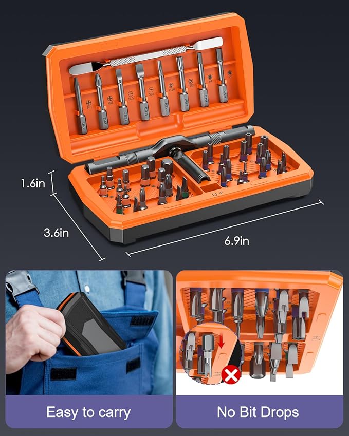 43 in 1 Ratchet Screwdriver Set with T-Handle, Magnetic Screwdriver Kit with 40 S2 Steel Bits, Precision Ratchet Wrench, Metal Pry Bar, Repair Tool Kit for Electronics Furniture Bike Home DIY