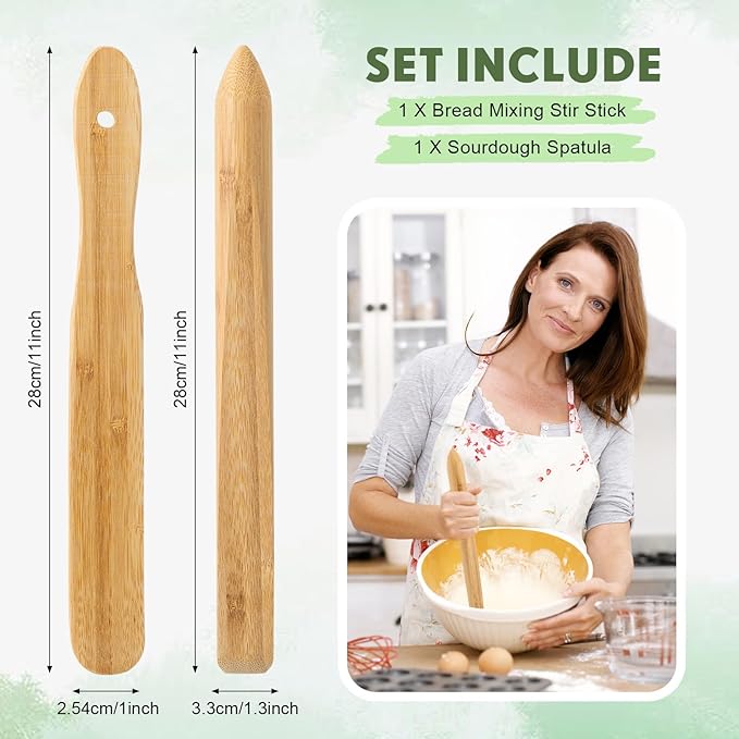 Baderke 11 Inch Wooden Sourdough Bread Mixing Stir and 13 Inch Wooden Spatula Paddle Stirring Stick for Kitchen Cooking Mixing Tool for Sourdough Starter Cookware Pot(Bamboo Wood)