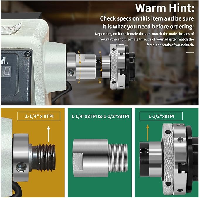 Lathe Headstock Spindle Adapter,Converts 1-1/4" x 8TPI to 1-1/2" x 8TPI for Woodworking Lathe