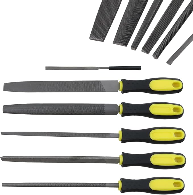 5-Piece Set 8in Length File (Flat, Triangular, Square, Round and Half-Round Files), High Carbon Steel Hand File with 1 Small File for Refining, Removing, Shaping and Scraping Projects