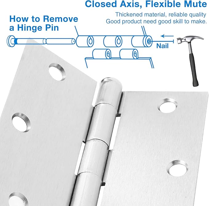 30 Pack Nickel Door Hinges Satin Nickel 3.5 x 3.5 Inch Interior 3 1/2 Inch Door Hinges Brushed Nickel Square Radius Corners Iron Bifold Silver Residential Hinges for Doors Hardware Controls
