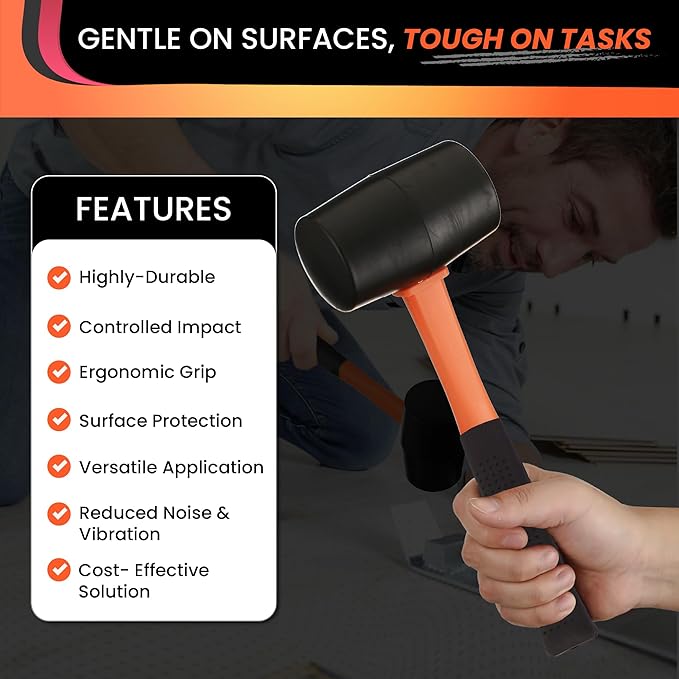 24oz Rubber Mallet Hammer | Non-Marring Soft Blow Mallet with Fiberglass Shock-Absorbing Handle for Woodworking, Flooring, Camping, and Assembly