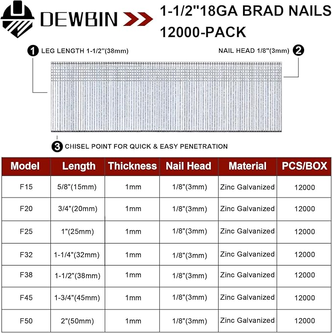 18 Gauge Brad Nails, 12000 Counts 1-1/2-inch 18 GA Brad Nails, Galvanized Nails for Nail Gun, Finishing Nail Gun Nails for Pneumatic, Electric Brad Nailer Gun