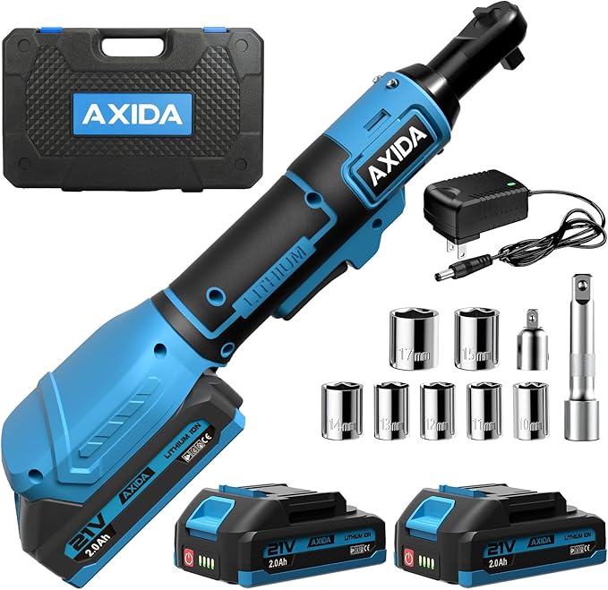 3/8" Electric Ratchet Wrench, 66FT-LBS (90N.m) Cordless Ratchet Wrench, 21V Power Ratchets with 2x 2.0A Batteries & Charger, 7 Sockets, 1/4" Adapters and 3" Extension Bars, NEW VERSION