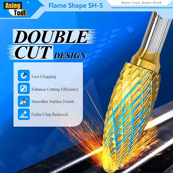 SH-5 5pcs Tungsten Carbide Burr TiN Rotary File Flame Shape Double Cut with 1/4''Shank for Die Grinder Drill Bit