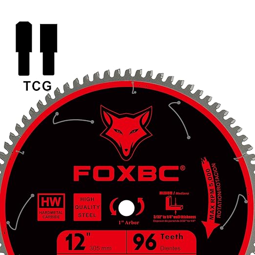 FOXBC 12 Inch Saw Blade 96-Tooth TCG for Aluminum Non-Ferrous Metal & Plastic Cutting with 1-Inch Arbor