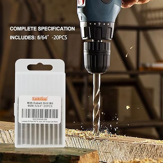 Luckyway 5/64" Cobalt Drill Bit (20 Pcs), Jobber Length Twist Drill Bit Set for Hard Metal, Stainless Steel, Cast Iron, Wood and Plastic, with Storage Case