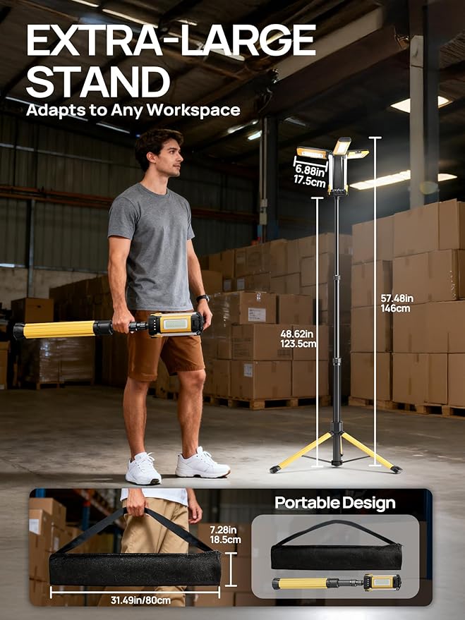 10000mAh Rechargeable LED Work Light with Stand, 3200 Lumens 4.8ft Telescoping Tripod, 2 Detachable Magnetic Lamp Panels, Cordless Garage Workshop Light for Car Repair Inspection Jobsite