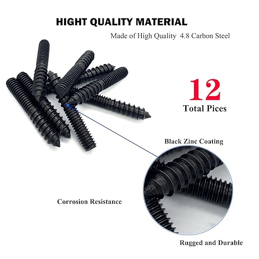 12 Pack 5/16-18 x 2 Inch Black Hanger Bolts Double Headed Bolts for Furniture Screws 50mm Length