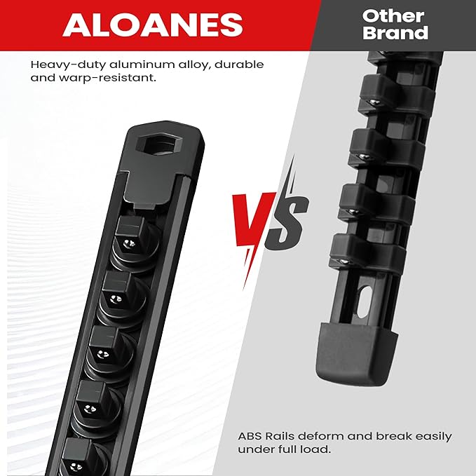 ALOANES 1/2-Inch Drive Magnetic Socket Organizer, Heavy Duty Aluminum Socket Rail Organizer, 360째 Swivel Clips Socket Rail Set For Sockets Storage, 1/2 Inch Socket Holder x 12 Clips (Black)