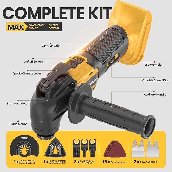 Cordless Oscillating Tool with DeWalt 20V MAX Batteries,6 Variable Speed Brushless Motor (6000-20000 OPM), 4째 Swing Angle, 23-Piece Accessory Kit for Sanding, Cutting & Scraping(Tools Only)