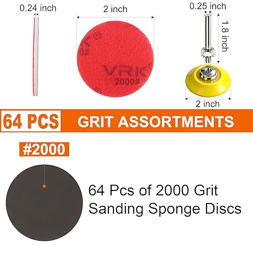 64 PCS 2 Inch Sanding Disc Pad,Hook and Loop Sanding Pads 2000 Grit Wet Dry Sponge Sandpaper with 1/4??Shank for Drill Sanding Grinder Rotary Tools Curved Surface Polishing and Sanding