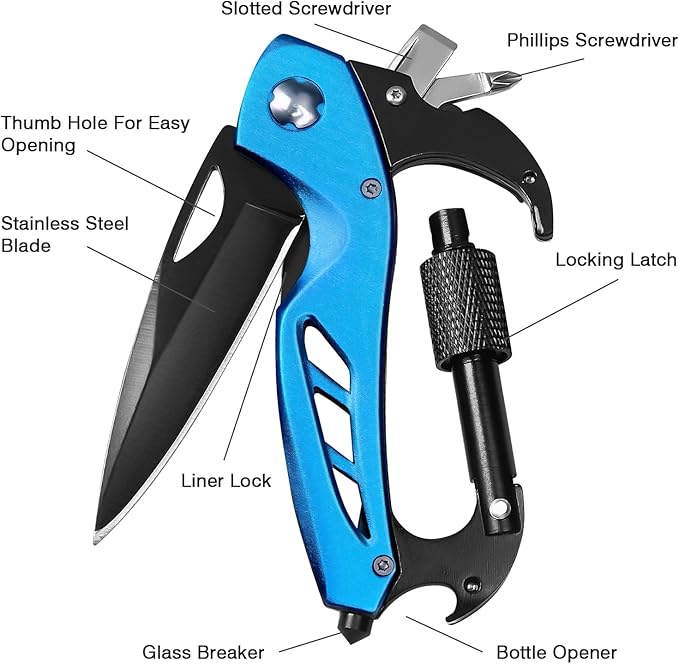 EDC Multitool Carabiner with Knife, Bottle Opener, Window Breaker and Screwdriver, Survival Knives Tools for Men Outdoor Camping (Blue)