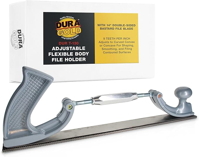 Dura-Gold Adjustable Flexible Body File Holder with 14" Double-Sided Bastard File Blade, 9 Teeth Per Inch - Adjusts to Curved Convex or Concave for Shaping, Smoothing, and Filing Contoured Surfaces