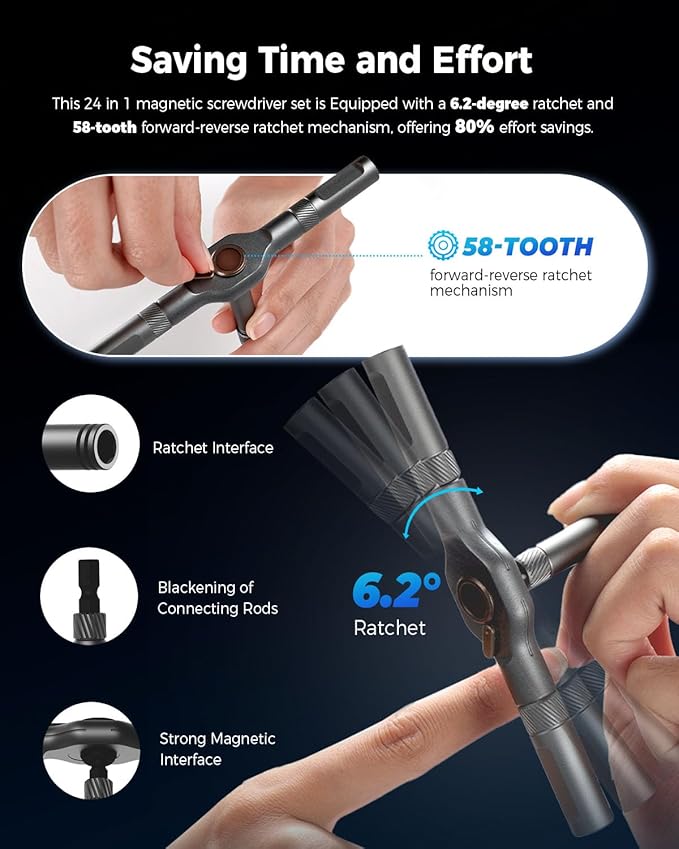 24-in-1 Magnetic Ratchet Screwdriver Set, 2025 Upgraded Multifunction Ratchet Screwdriver Tool with Removable T Handle, 24 in 1 Ratchet Allen Wrench Set for DIY Home Computer Bicycle Repair