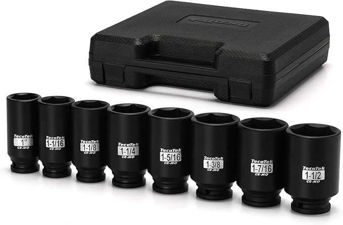 1/2" Drive Deep 6-Point Impact Socket Set, 8-Piece Standard SAE Spindle Axle Nut Impact Socket Set, Cr-Mo, 1-Inch to 1-1/2-Inch Size