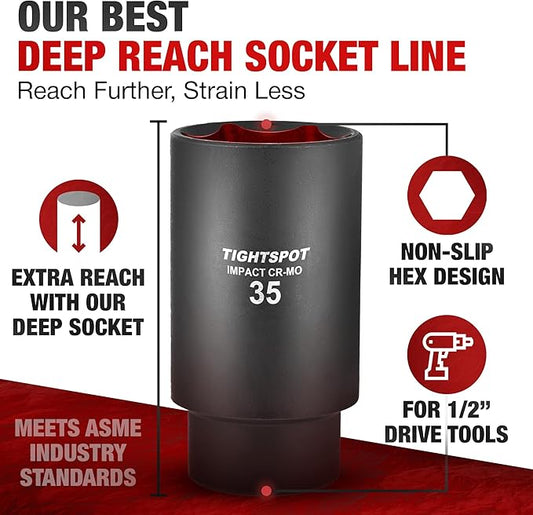 TIGHTSPOT 1/2 Inch Drive - 35 mm Deep Impact Socket with Anti-Rounding 6 Point Design, Heat-Treated CRMO Steel, Metric