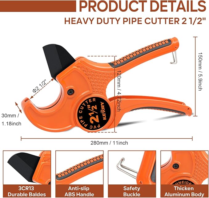 Kerry PVC Pipe Cutter with SK5 Blade, Outer Diameter Up to 2-1/2" Ratcheting Heavy-Duty PEX POLY PE PPR Plastic Hoses and Plumbing Tube Cutting Tool, Thicken Aluminum Body Efficient Extended Handle