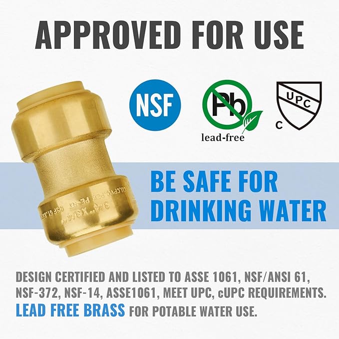 SUNGATOR Straight Coupling, 3/4-Inch Push Fit PEX Fittings, Push-to-Connect Copper, CPVC, No Lead Brass Plumbing Fittings with Disconnect Clip (2-Pack)